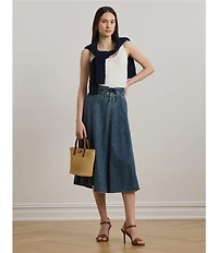 Lauren Ralph Lauren Drawcord Waist A-Line Denim Midi Skirt