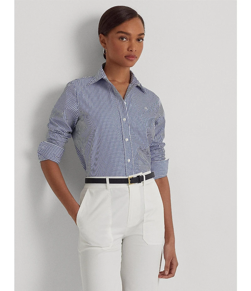 Lauren Ralph Lauren Easy Care Striped Print Point Collar Shirttail Hem Long Sleeve Shirt
