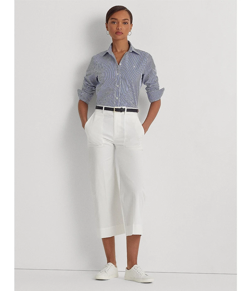 Lauren Ralph Lauren Easy Care Striped Print Point Collar Shirttail Hem Long Sleeve Shirt