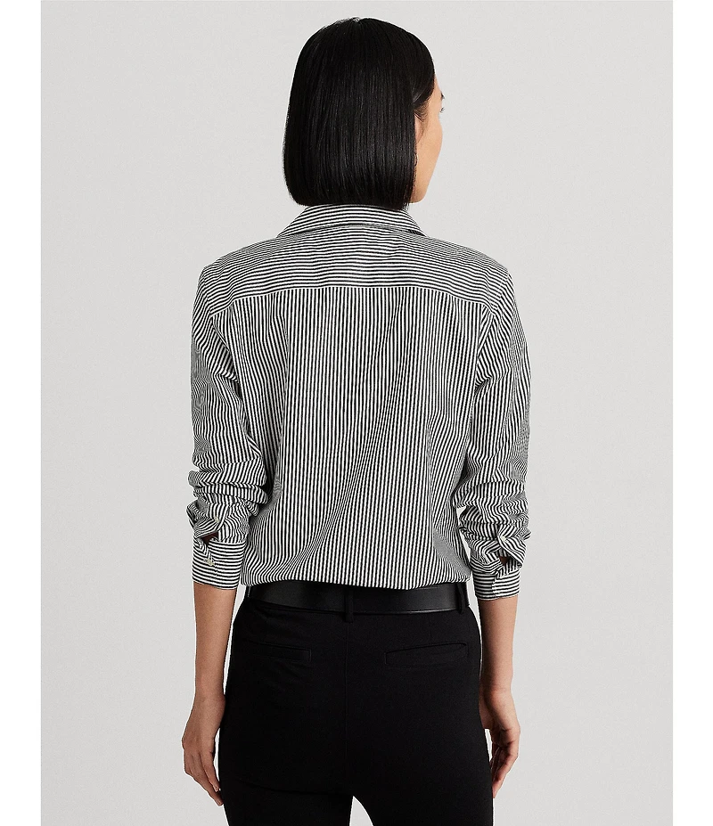 Lauren Ralph Lauren Easy Care Striped Print Point Collar Shirttail Hem Long Sleeve Shirt