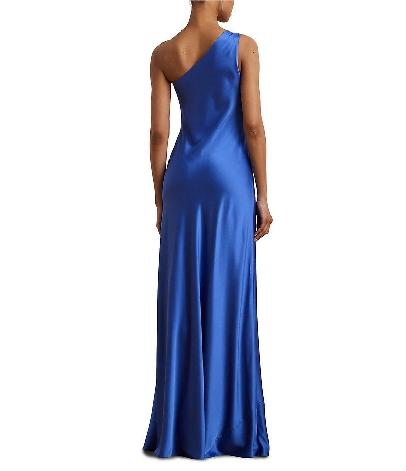 Lauren Ralph Lauren Elzira Draped Ruffle One Shoulder Satin Charmeuse Slip Dress