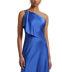 Lauren Ralph Lauren Elzira Draped Ruffle One Shoulder Satin Charmeuse Slip Dress