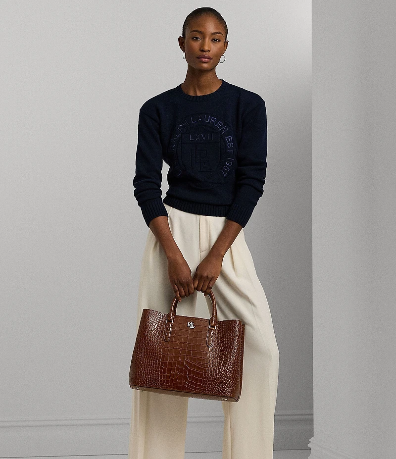 Lauren Ralph Lauren Marcy Large Crocodile Embossed Satchel Tote Bag