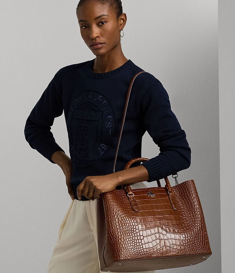 Lauren Ralph Lauren Marcy Large Crocodile Embossed Satchel Tote Bag
