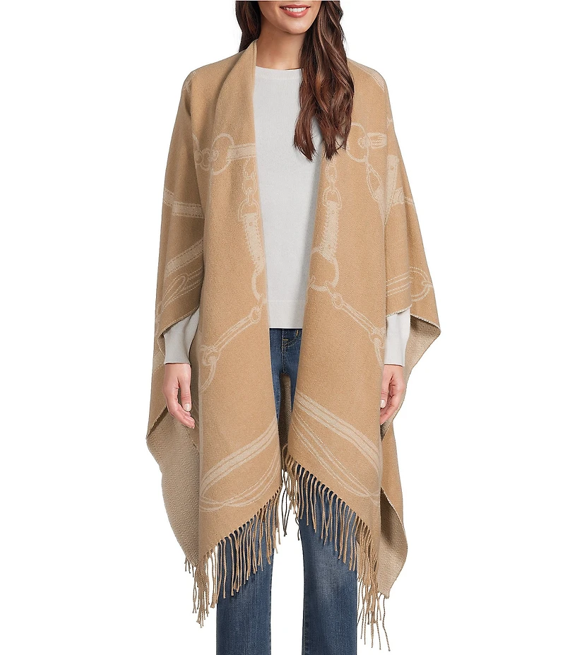 Lauren Ralph Lauren Wool Blend Equestrian Jacquard Oversized Fringed Ruana