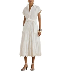 Lauren Ralph Lauren Eyelet Embroidery Spread Collar Short Sleeve Tiered A-Line Shirt Dress