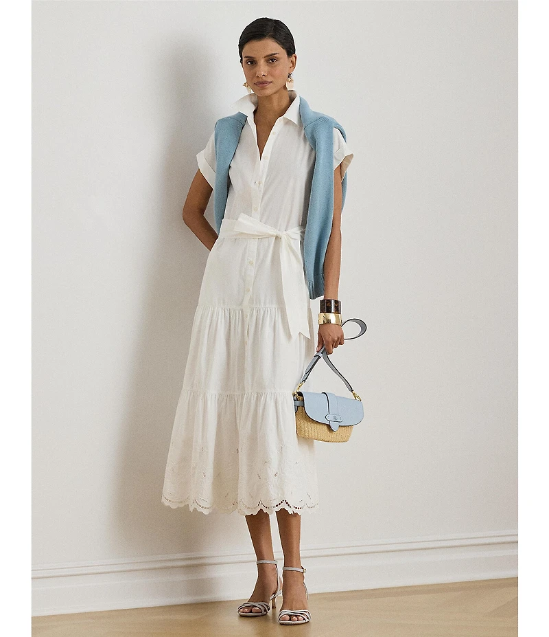 Lauren Ralph Lauren Eyelet Embroidery Spread Collar Short Sleeve Tiered A-Line Shirt Dress