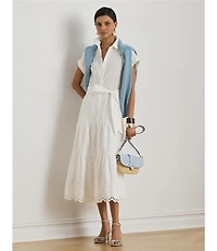 Lauren Ralph Lauren Eyelet Embroidery Spread Collar Short Sleeve Tiered A-Line Shirt Dress