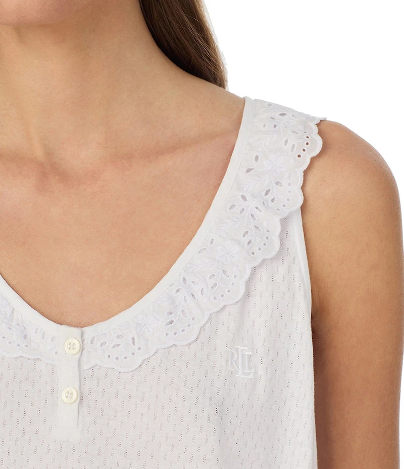 Lauren Ralph Lauren Eyelet Sleeveless Flutter Neck Knit Nightgown