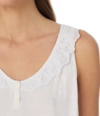 Lauren Ralph Lauren Eyelet Sleeveless Flutter Neck Knit Nightgown