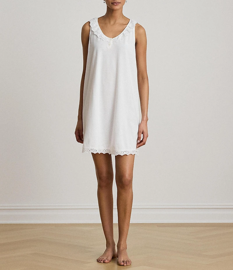 Lauren Ralph Lauren Eyelet Sleeveless Flutter Neck Knit Nightgown