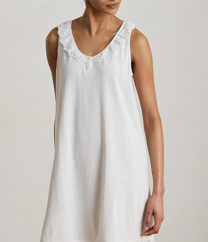 Lauren Ralph Lauren Eyelet Sleeveless Flutter Neck Knit Nightgown