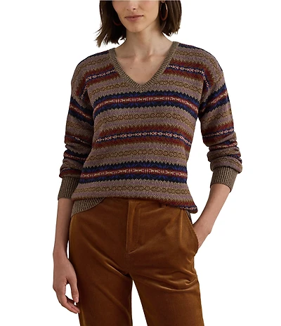 Lauren Ralph Lauren Fair Isle Stripe V-Neck Long Sleeve Sweater