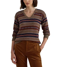 Lauren Ralph Lauren Fair Isle Stripe V-Neck Long Sleeve Sweater