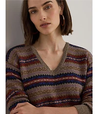 Lauren Ralph Lauren Fair Isle Stripe V-Neck Long Sleeve Sweater