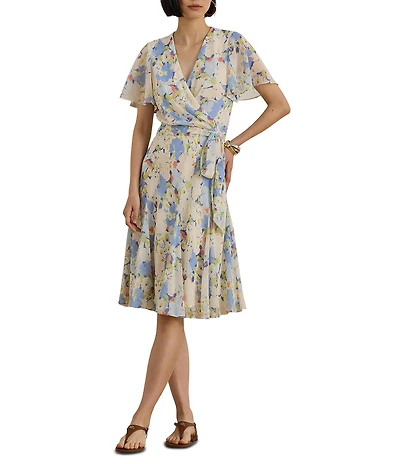 Lauren Ralph Lauren Floral Crinkle Georgette Surplice Dress