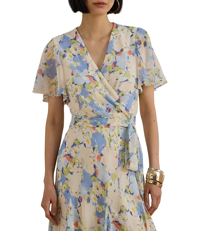 Lauren Ralph Lauren Floral Crinkle Georgette Surplice Dress