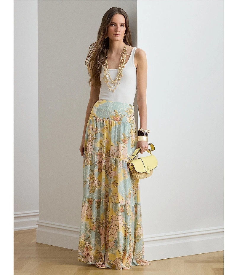 Lauren Ralph Lauren Floral Crinkle Georgette Tiered Maxi Skirt