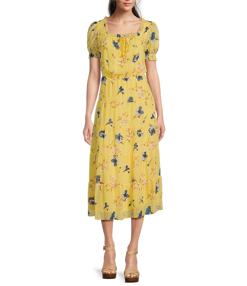 Lauren Ralph Lauren Floral Georgette Square Neck Short Puff Sleeve Tiered Midi Dress