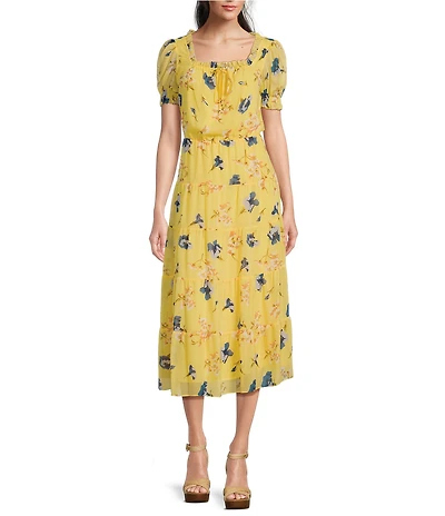 Lauren Ralph Lauren Floral Georgette Square Neck Short Puff Sleeve Tiered Midi Dress