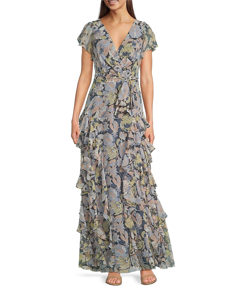 Lauren Ralph Lauren Floral Georgette V-Neck Short Flutter Sleeve Ruffle A-Line Gown