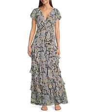 Lauren Ralph Lauren Floral Georgette V-Neck Short Flutter Sleeve Ruffle A-Line Gown