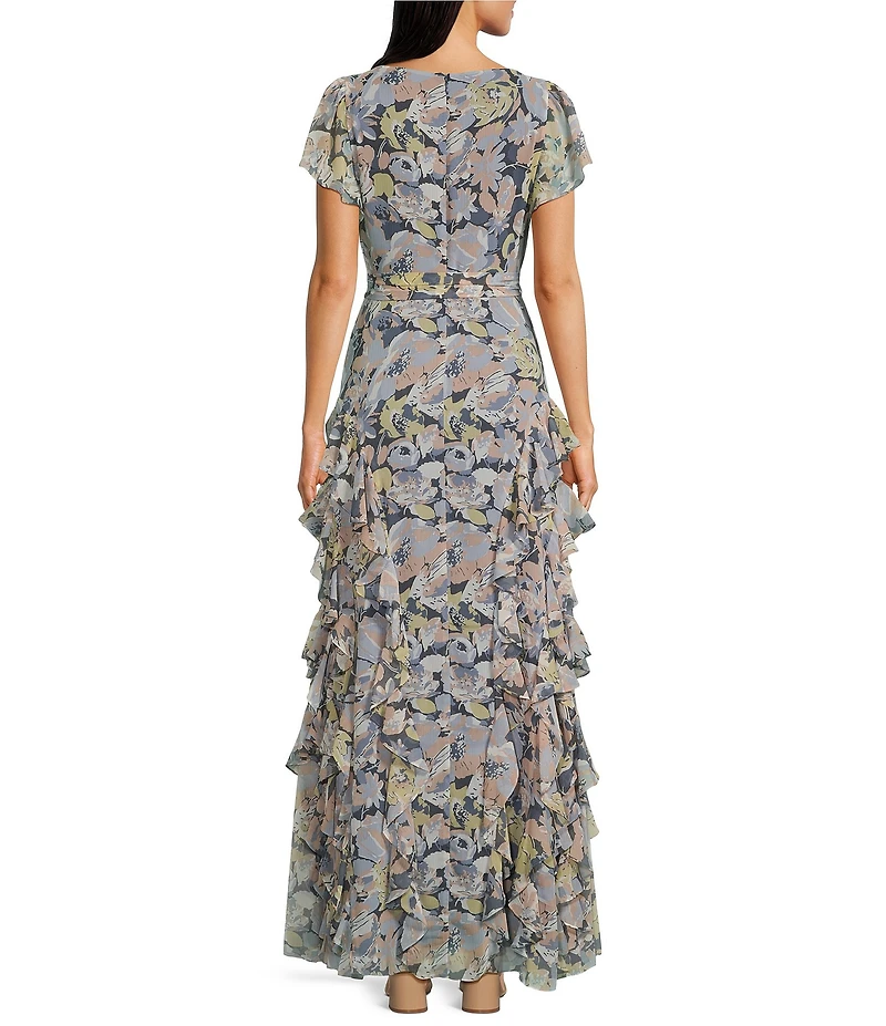 Lauren Ralph Lauren Floral Georgette V-Neck Short Flutter Sleeve Ruffle A-Line Gown