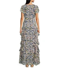 Lauren Ralph Lauren Floral Georgette V-Neck Short Flutter Sleeve Ruffle A-Line Gown