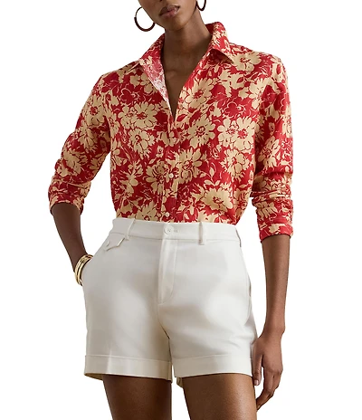 Lauren Ralph Lauren Floral Point Collar Long Sleeve Button Front Linen Shirt