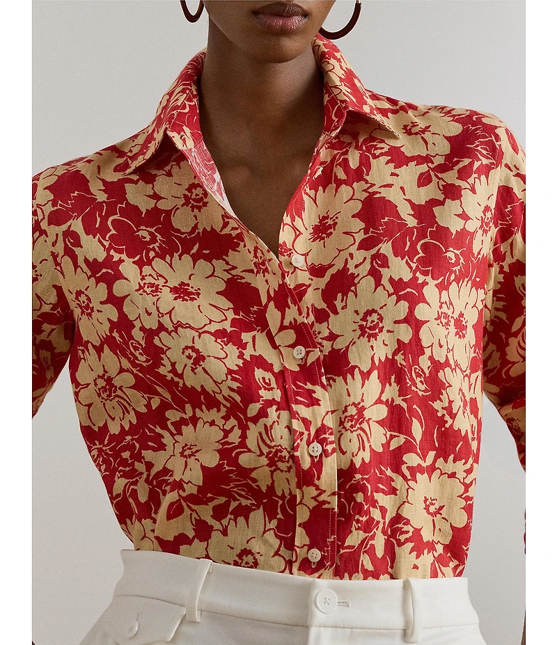 Lauren Ralph Lauren Floral Point Collar Long Sleeve Button Front Linen Shirt