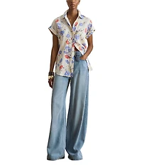 Lauren Ralph Lauren Floral Point Collar Short Cuff Sleeve Button Front Shirt