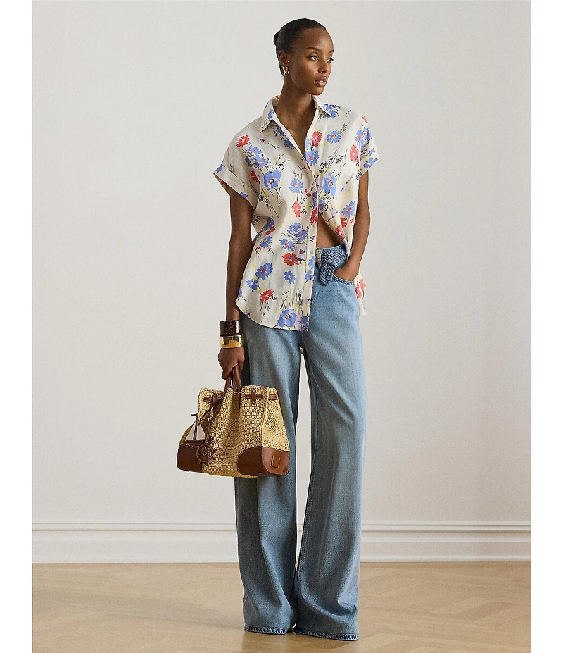 Lauren Ralph Lauren Floral Point Collar Short Cuff Sleeve Button Front Shirt