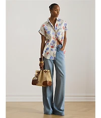 Lauren Ralph Lauren Floral Point Collar Short Cuff Sleeve Button Front Shirt
