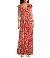 Lauren Ralph Lauren Floral Print Crinkle Georgette V-Neck Ruffle Trim A-Line Maxi Dress