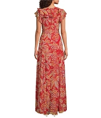 Lauren Ralph Lauren Floral Print Crinkle Georgette V-Neck Ruffle Trim A-Line Maxi Dress