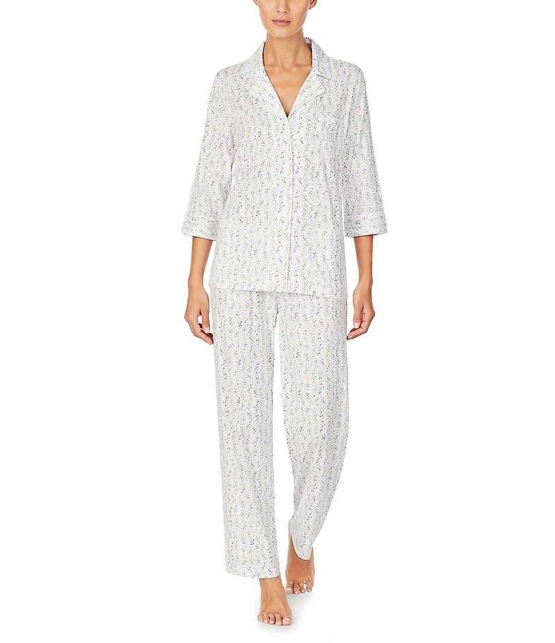 Lauren Ralph Lauren Floral Print 3/4 Sleeve Notch Collar Knit Pajama Set