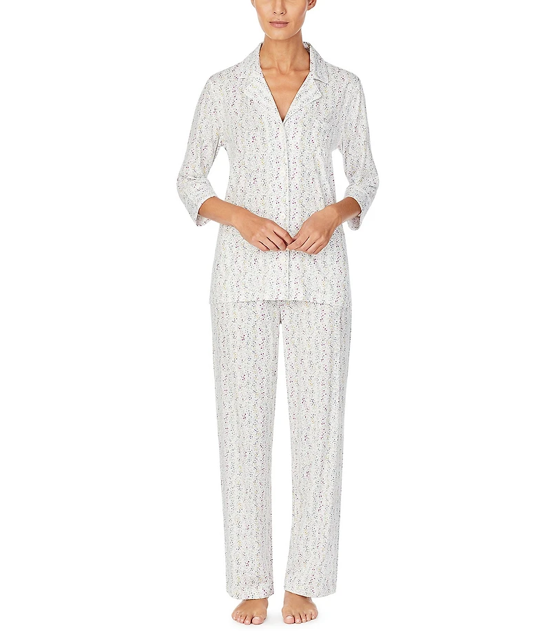 Lauren Ralph Lauren Floral Print 3/4 Sleeve Notch Collar Knit Pajama Set