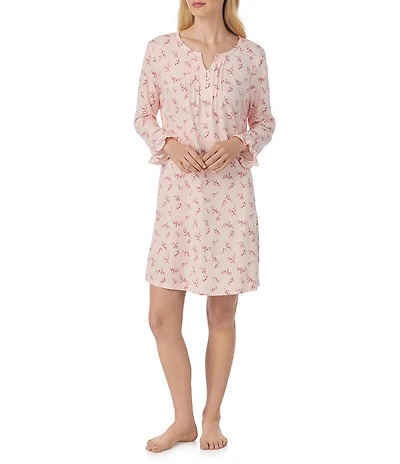 Lauren Ralph Lauren Floral Print 3/4 Sleeve Split Neck Knit Nightgown