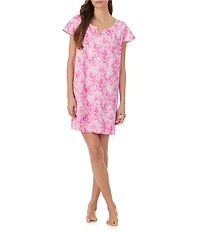 Lauren Ralph Lauren Floral Print Flutter Sleeve Split Neck Jersey Knit Nightgown
