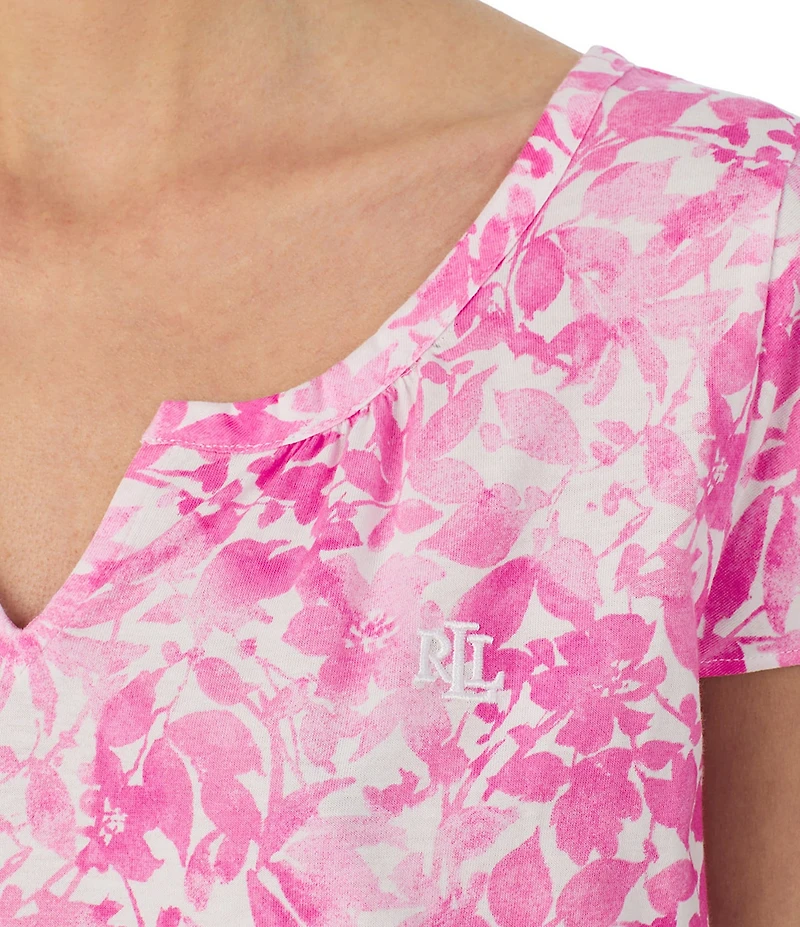 Lauren Ralph Lauren Floral Print Flutter Sleeve Split Neck Jersey Knit Nightgown