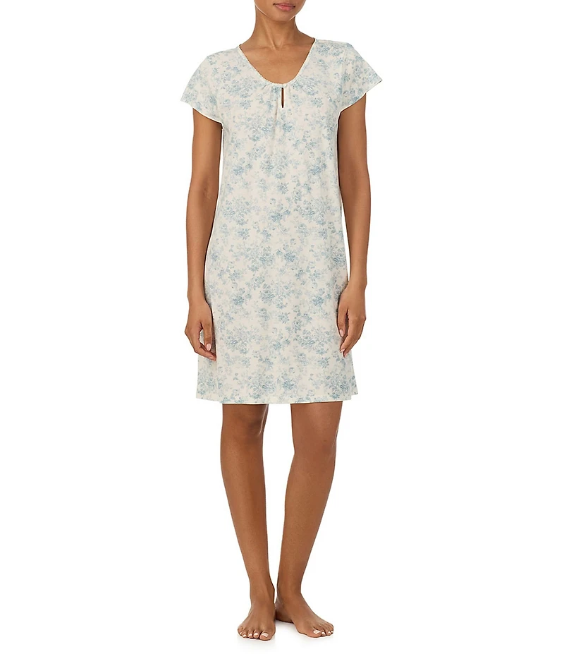 Lauren Ralph Lauren Floral Print Flutter Sleeve V-Neck Jersey Knit Short Nightgown