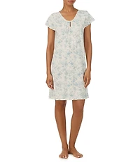 Lauren Ralph Lauren Floral Print Flutter Sleeve V-Neck Jersey Knit Short Nightgown