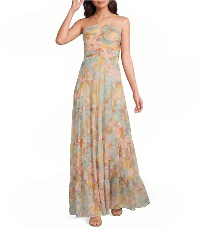 Lauren Ralph Lauren Floral Print Georgette Tiered Skirt Halter Gown