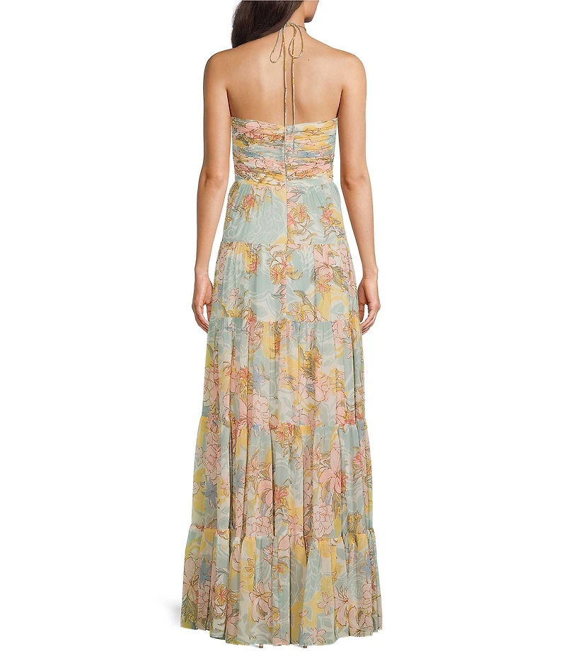 Lauren Ralph Lauren Floral Print Georgette Tiered Skirt Halter Gown