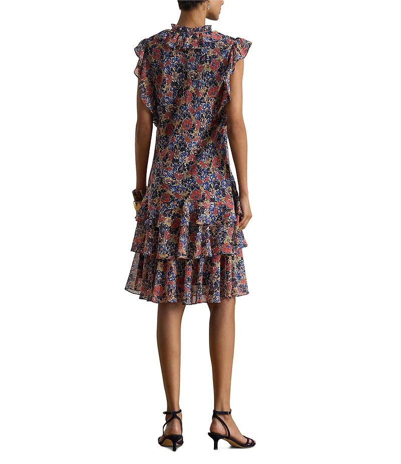 Lauren Ralph Lauren Floral Print Georgette V-Neck Short Sleeve Ruffle Tiered Dress
