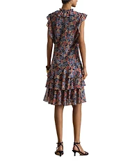 Lauren Ralph Lauren Floral Print Georgette V-Neck Short Sleeve Ruffle Tiered Dress
