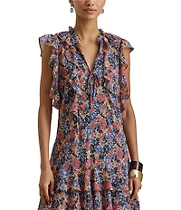Lauren Ralph Lauren Floral Print Georgette V-Neck Short Sleeve Ruffle Tiered Dress