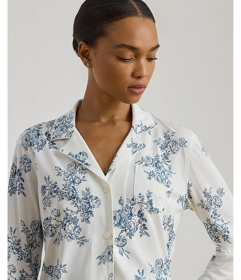Lauren Ralph Lauren Floral Print Long Sleeve Notch Collar Long Knit Pajama Set