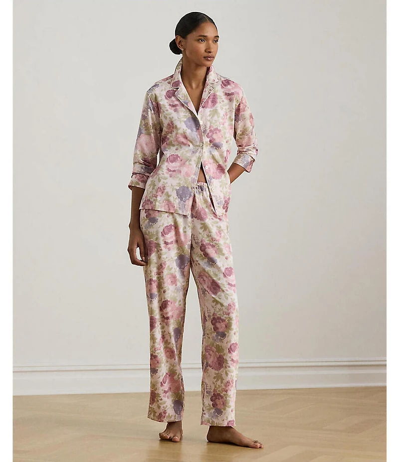 Lauren Ralph Lauren Floral Print Long Sleeve Notch Collar Long Woven Sateen Pajama Set