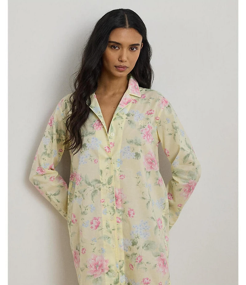 Lauren Ralph Lauren Floral Print Long Sleeve Notch Collar Woven Button Front Sleepshirt